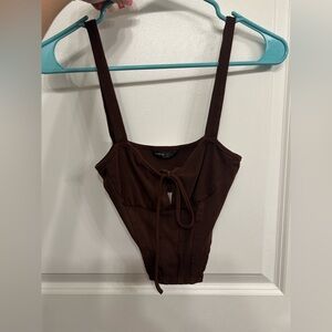 SHEIN Chocolate Brown Tie-Front Ribbed Bodysuit